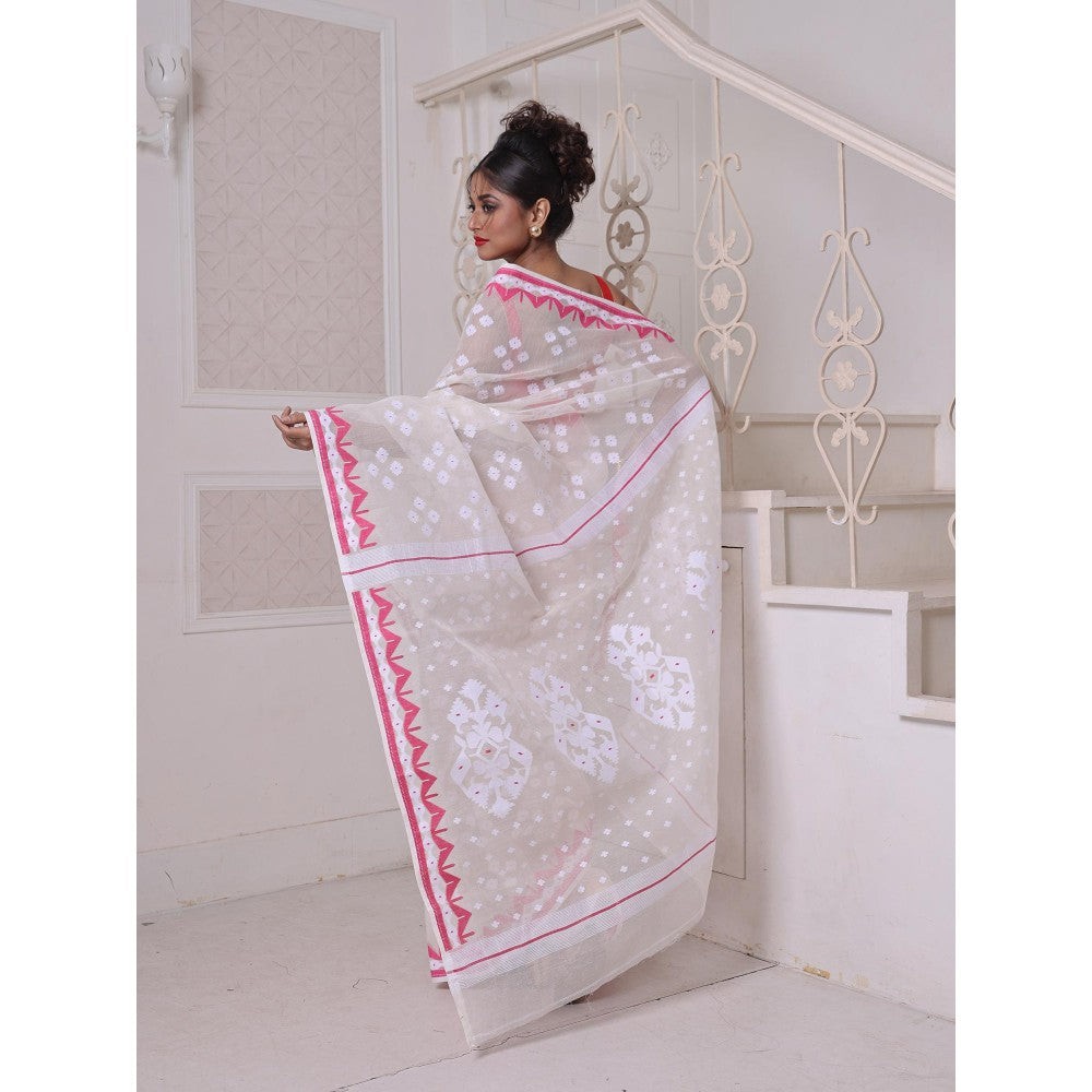 CHARUKRITI Off White with Pink Cotton Handwoven Jamdani Saree Without Blouse