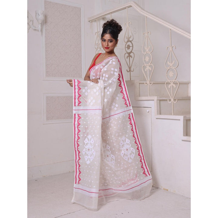 CHARUKRITI Off White with Pink Cotton Handwoven Jamdani Saree Without Blouse