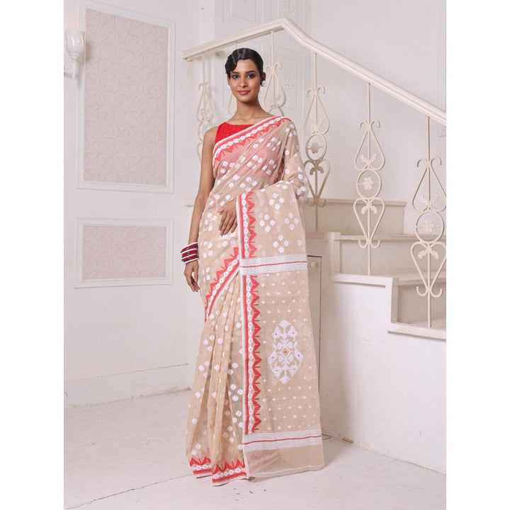 CHARUKRITI Beige Cotton Handwoven Jamdani Saree Without Blouse