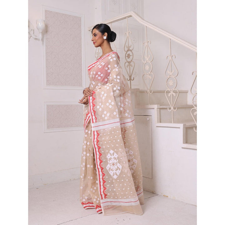 CHARUKRITI Beige Cotton Handwoven Jamdani Saree Without Blouse