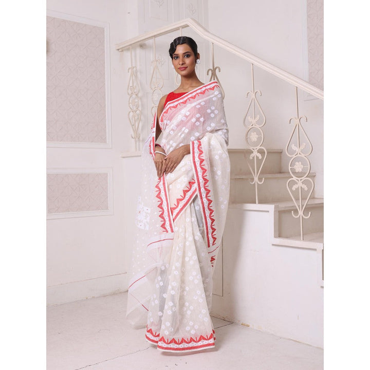 CHARUKRITI Off White with Red Cotton Handwoven Jamdani Saree Without Blouse