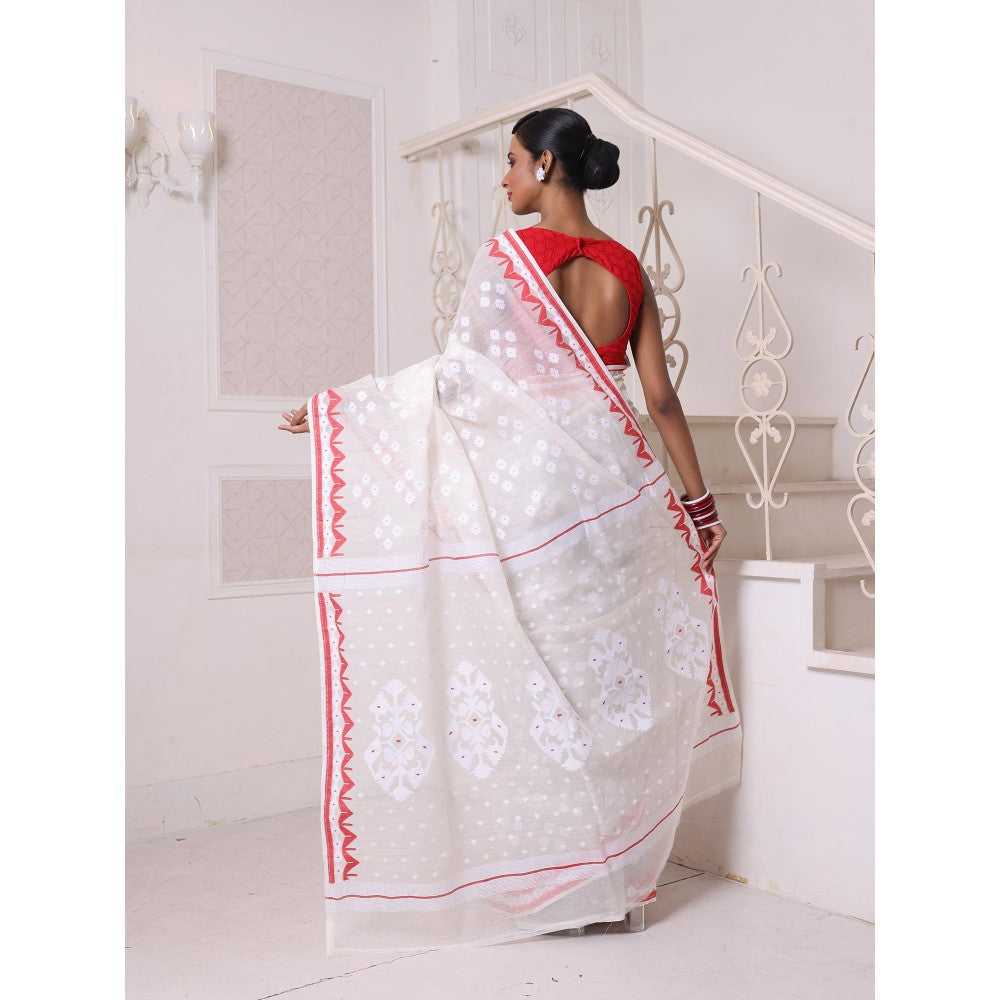 CHARUKRITI Off White with Red Cotton Handwoven Jamdani Saree Without Blouse