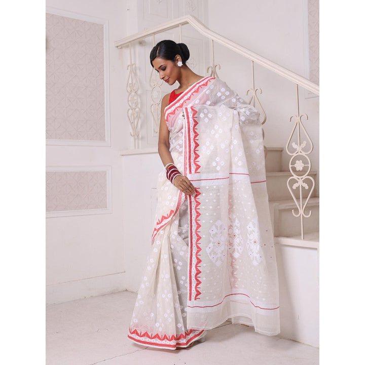 CHARUKRITI Off White with Red Cotton Handwoven Jamdani Saree Without Blouse