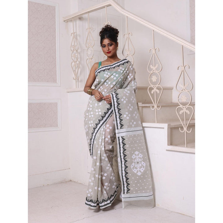 CHARUKRITI Grey Cotton Handwoven Jamdani Saree Without Blouse