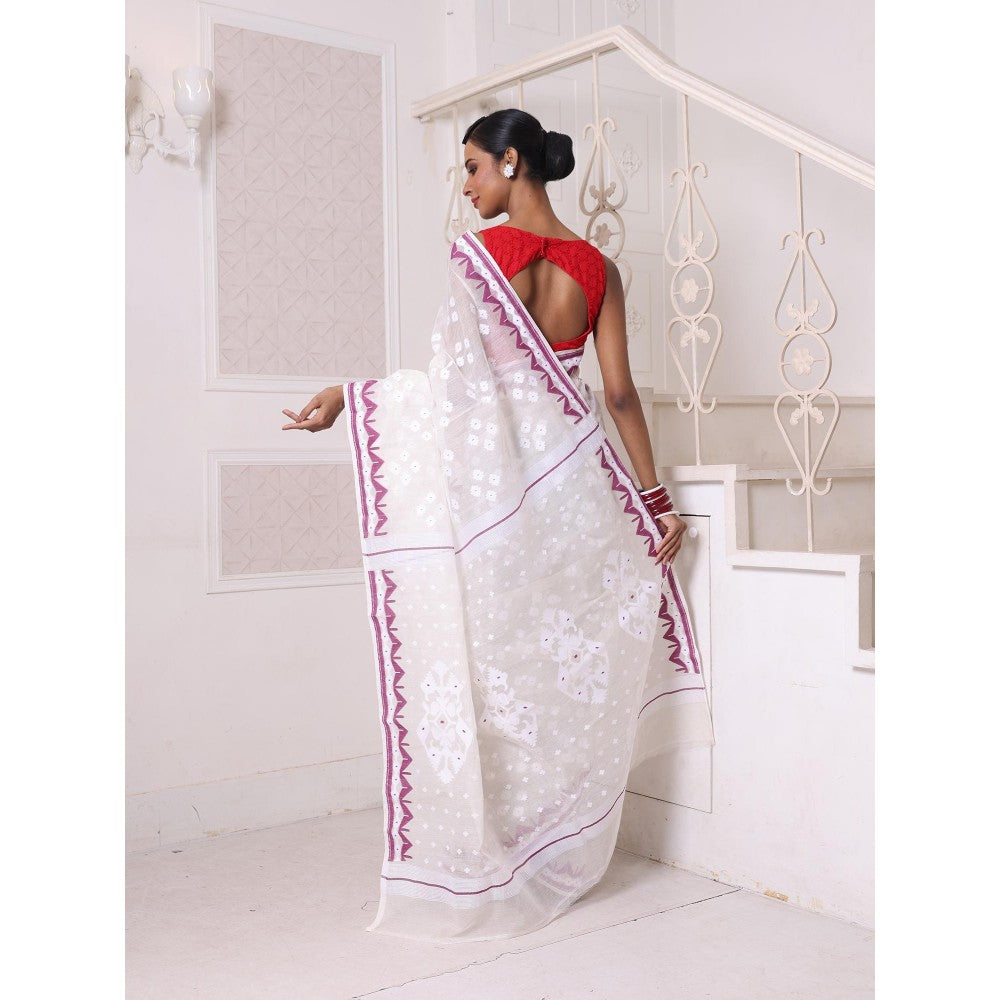 CHARUKRITI Off White with Purple Cotton Handwoven Jamdani Saree Without Blouse