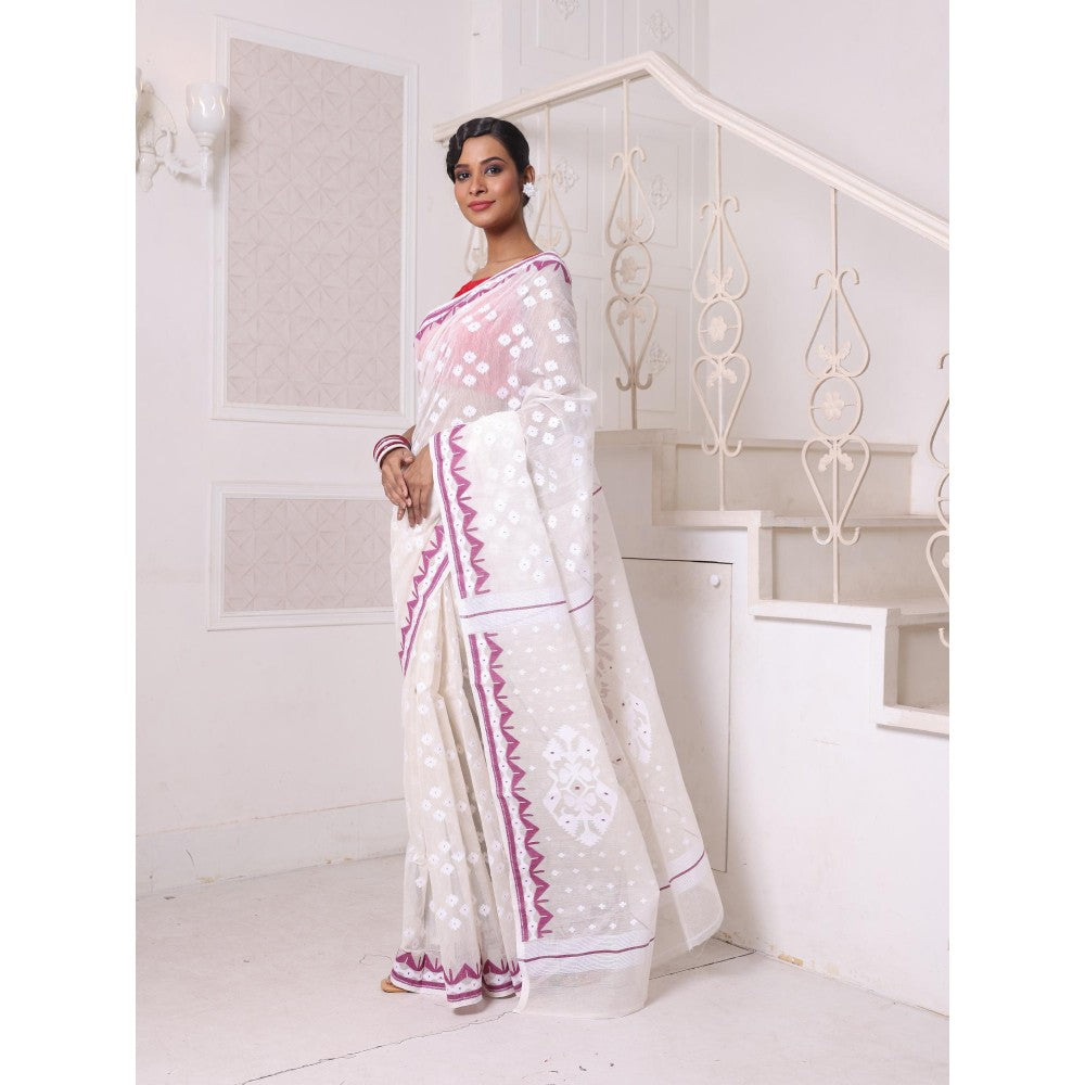 CHARUKRITI Off White with Purple Cotton Handwoven Jamdani Saree Without Blouse