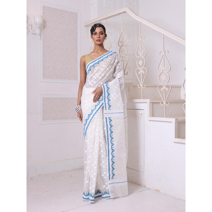 CHARUKRITI Off White with Blue Cotton Handwoven Jamdani Saree Without Blouse