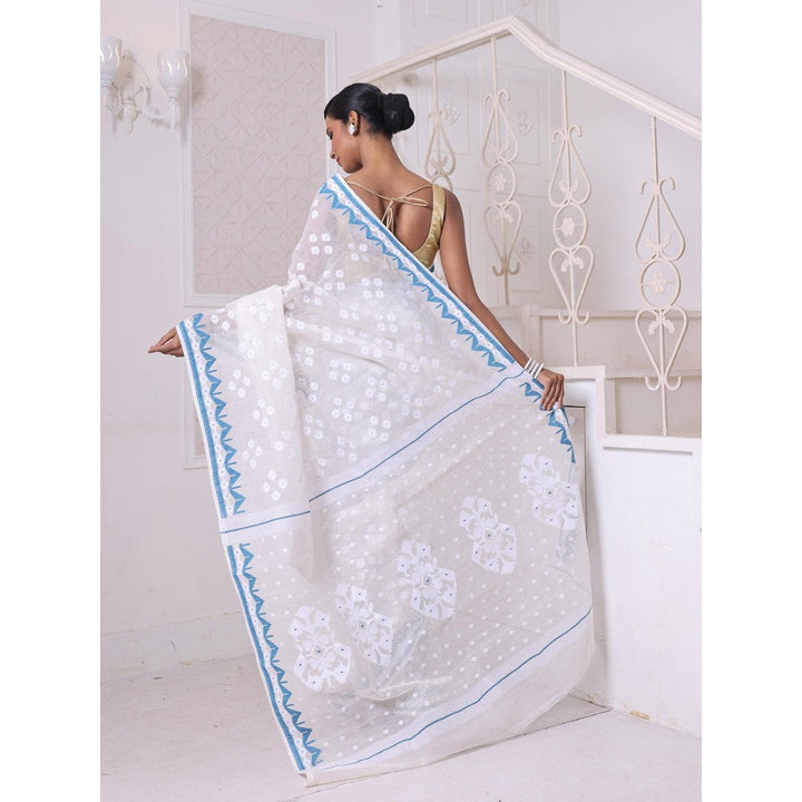 CHARUKRITI Off White with Blue Cotton Handwoven Jamdani Saree Without Blouse