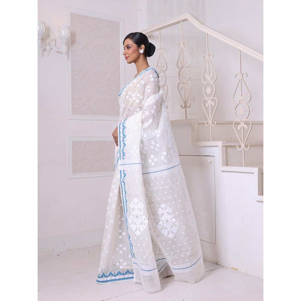 CHARUKRITI Off White with Blue Cotton Handwoven Jamdani Saree Without Blouse