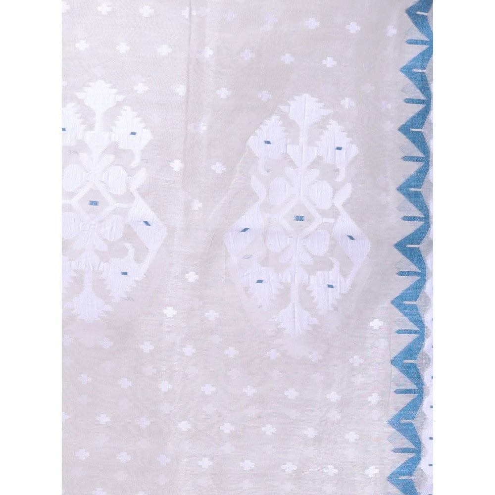 CHARUKRITI Off White with Blue Cotton Handwoven Jamdani Saree Without Blouse