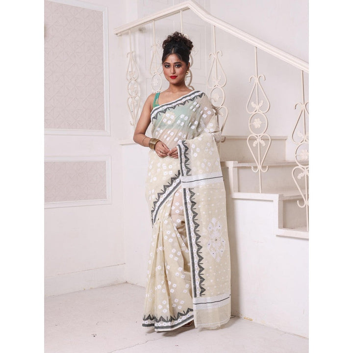 CHARUKRITI Beige Cotton Handwoven Jamdani Saree Without Blouse