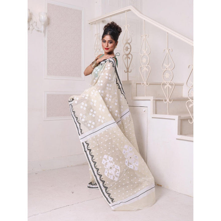 CHARUKRITI Beige Cotton Handwoven Jamdani Saree Without Blouse