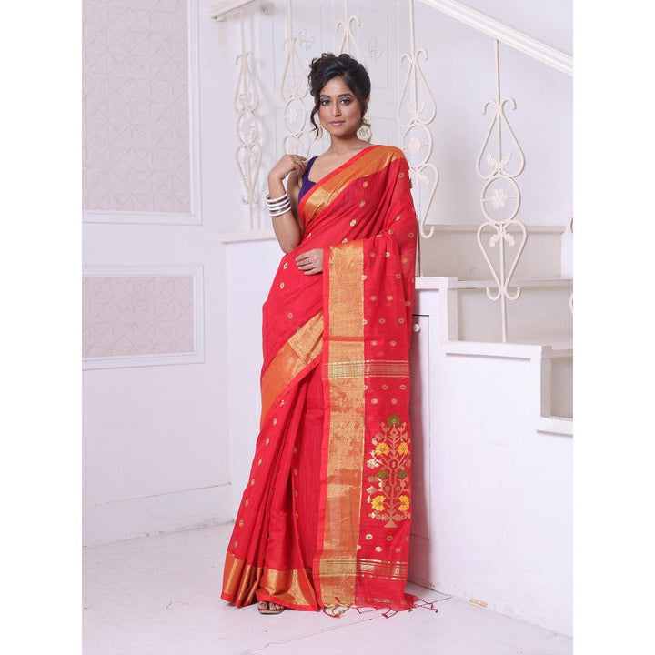 CHARUKRITI Red Cotton Zari Border Saree with Unstitched Blouse