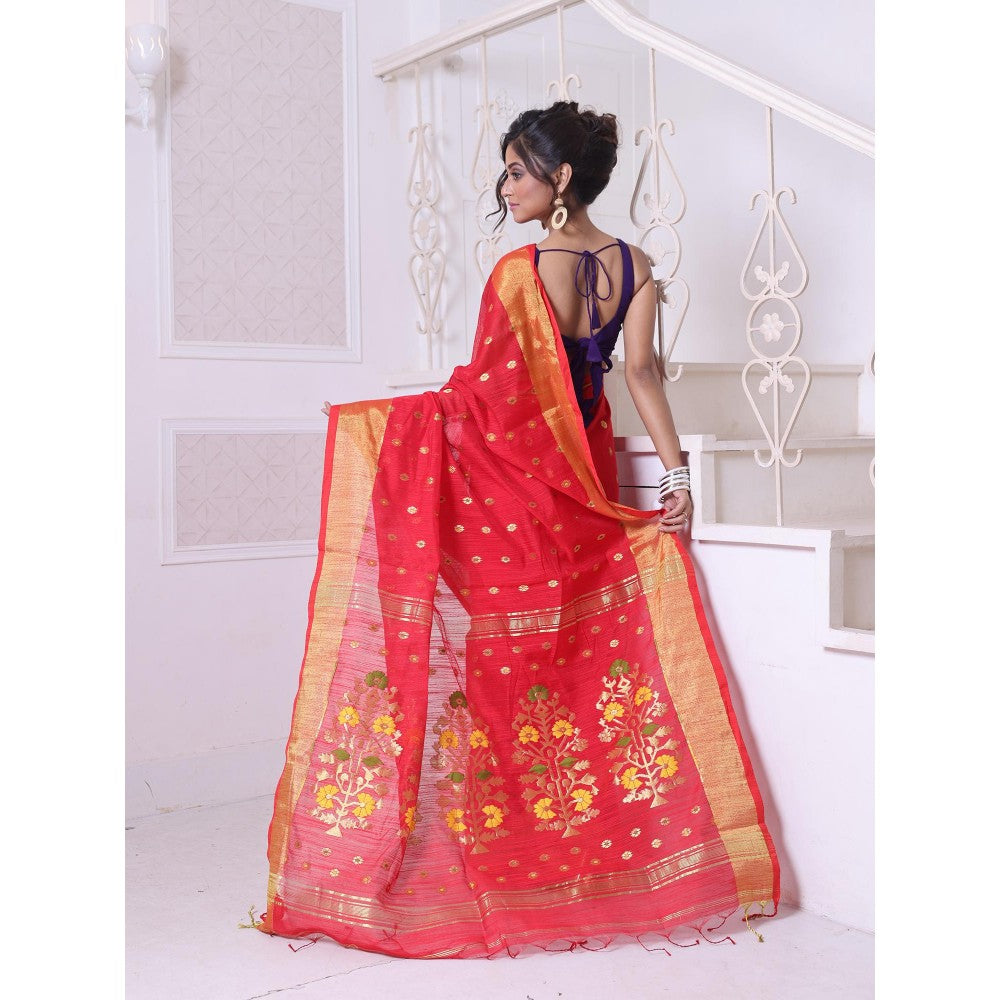 CHARUKRITI Red Cotton Zari Border Saree with Unstitched Blouse