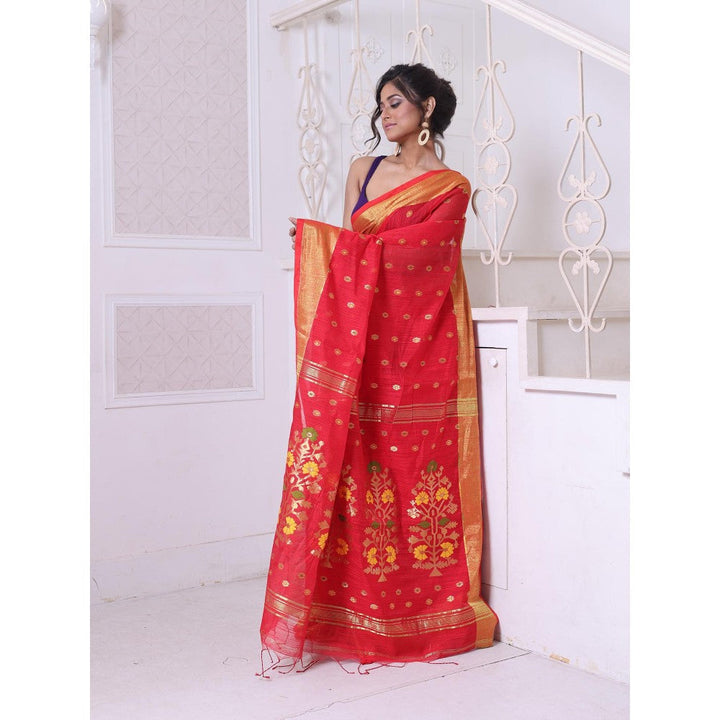 CHARUKRITI Red Cotton Zari Border Saree with Unstitched Blouse