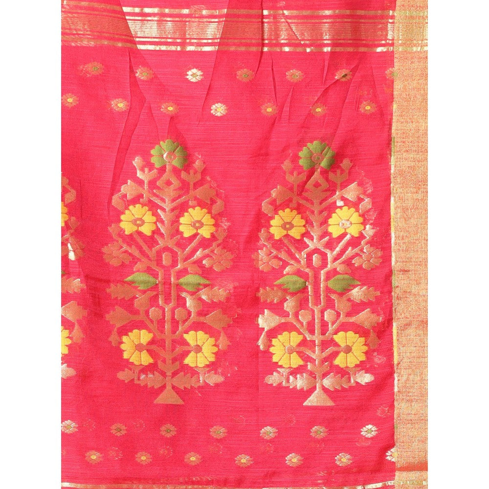 CHARUKRITI Red Cotton Zari Border Saree with Unstitched Blouse