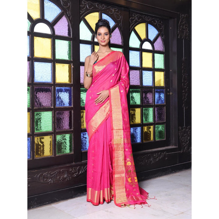 CHARUKRITI Hot Pink Cotton Zari Border Saree with Unstitched Blouse