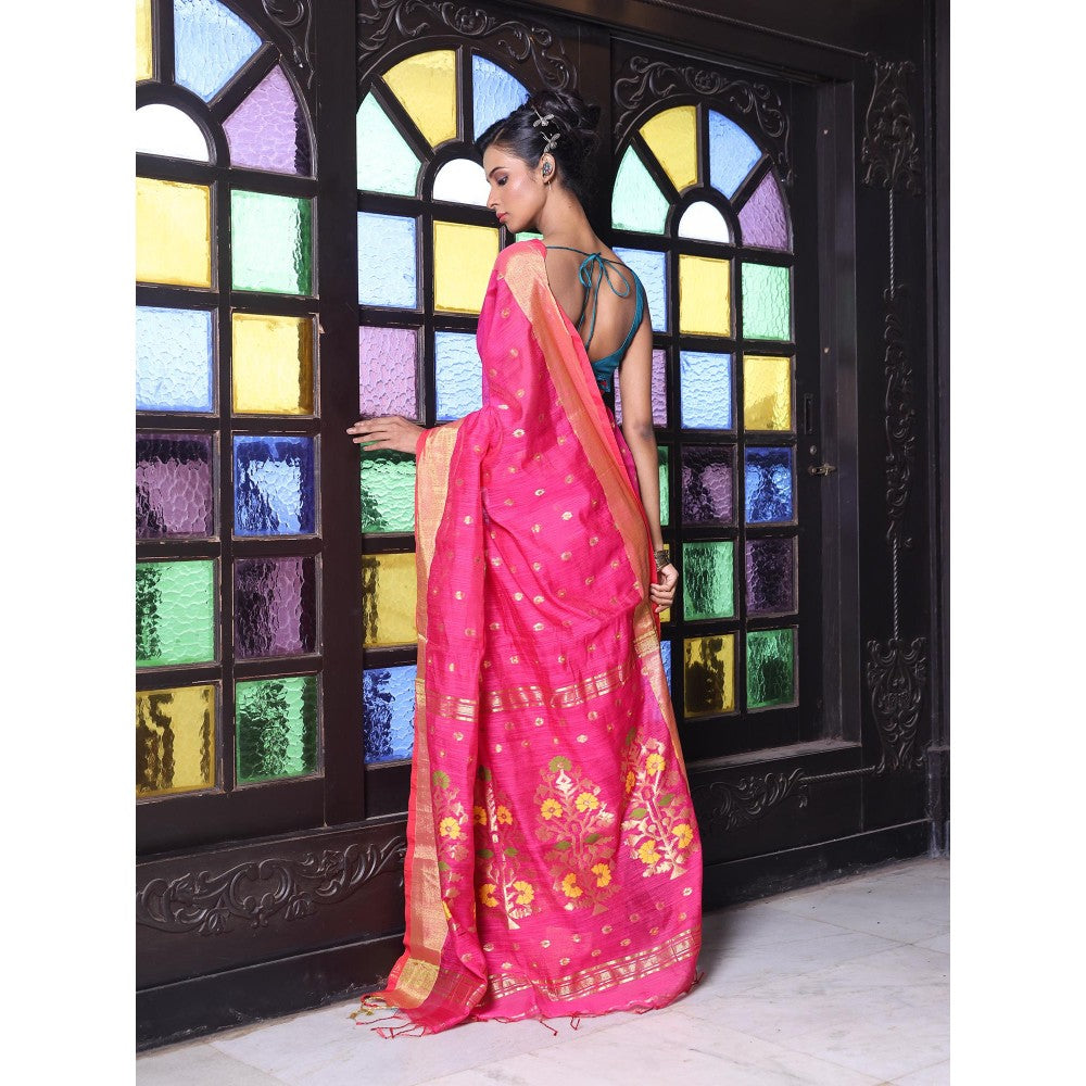 CHARUKRITI Hot Pink Cotton Zari Border Saree with Unstitched Blouse