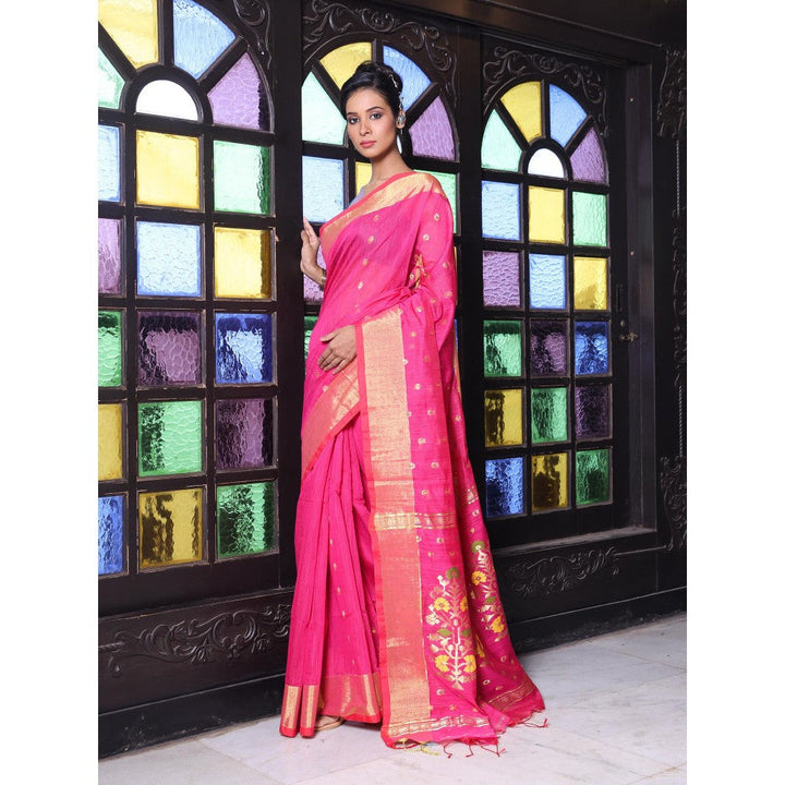 CHARUKRITI Hot Pink Cotton Zari Border Saree with Unstitched Blouse