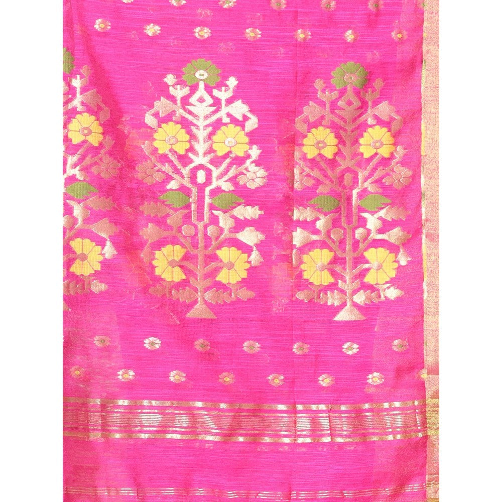 CHARUKRITI Hot Pink Cotton Zari Border Saree with Unstitched Blouse