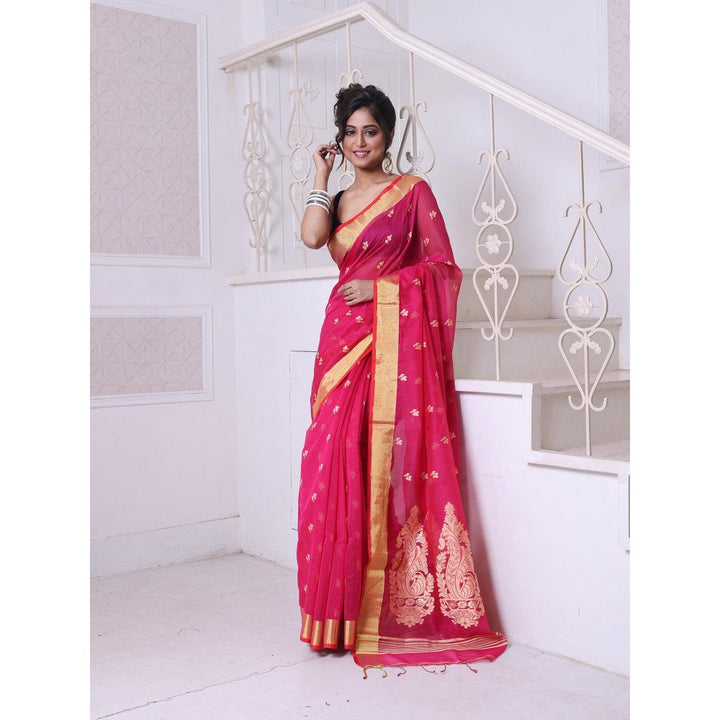 CHARUKRITI Bright Pink Cotton Zari Border Saree with Unstitched Blouse