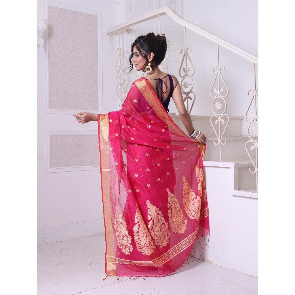 CHARUKRITI Bright Pink Cotton Zari Border Saree with Unstitched Blouse