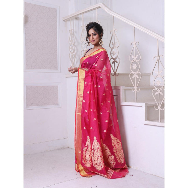 CHARUKRITI Bright Pink Cotton Zari Border Saree with Unstitched Blouse