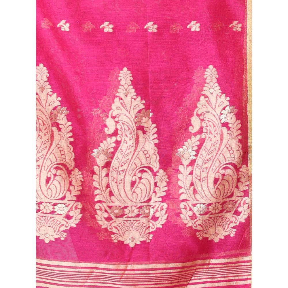 CHARUKRITI Bright Pink Cotton Zari Border Saree with Unstitched Blouse