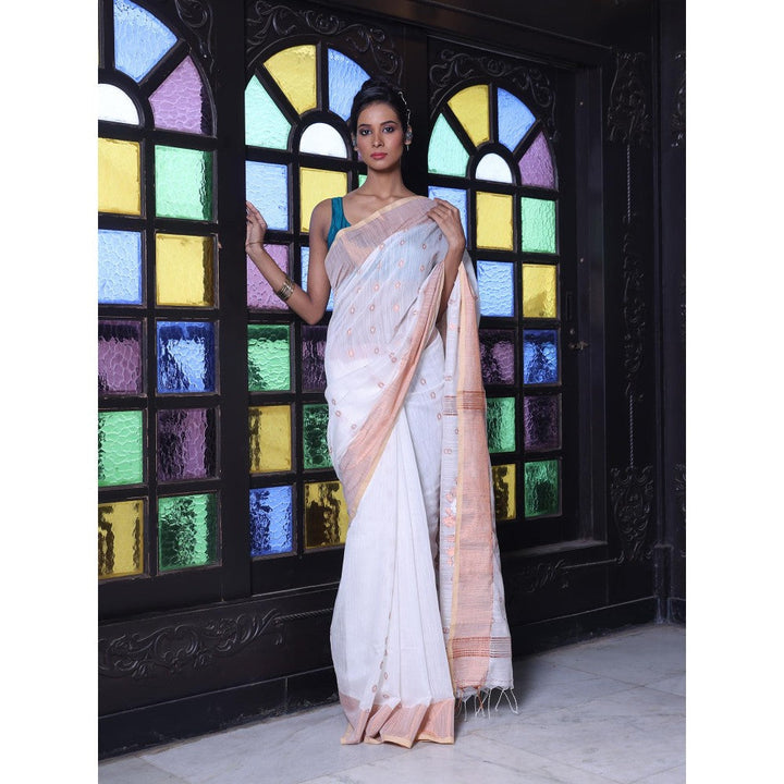 CHARUKRITI Off White Cotton Zari Border Saree with Unstitched Blouse