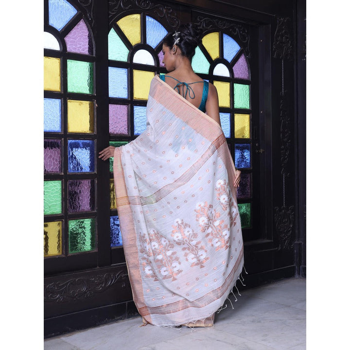 CHARUKRITI Off White Cotton Zari Border Saree with Unstitched Blouse