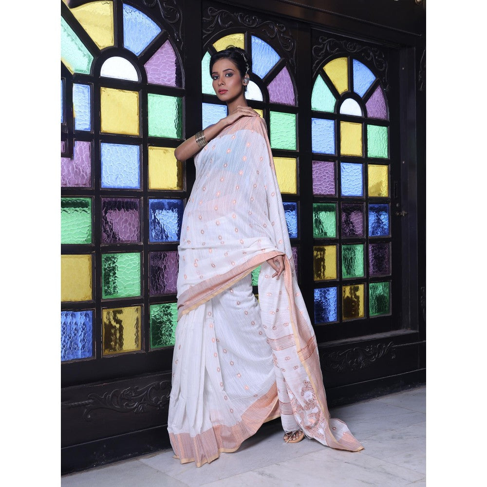 CHARUKRITI Off White Cotton Zari Border Saree with Unstitched Blouse