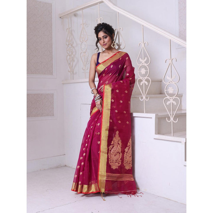 CHARUKRITI Purple Cotton Zari Border Saree with Unstitched Blouse