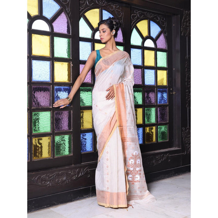 CHARUKRITI Beige Cotton Zari Border Saree with Unstitched Blouse