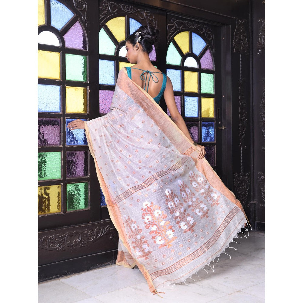 CHARUKRITI Beige Cotton Zari Border Saree with Unstitched Blouse