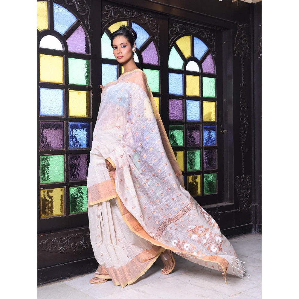 CHARUKRITI Beige Cotton Zari Border Saree with Unstitched Blouse