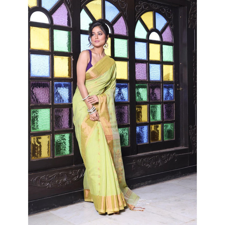 CHARUKRITI Light Green Cotton Zari Border Saree with Unstitched Blouse