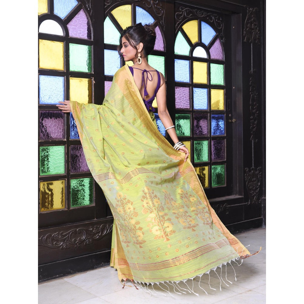 CHARUKRITI Light Green Cotton Zari Border Saree with Unstitched Blouse