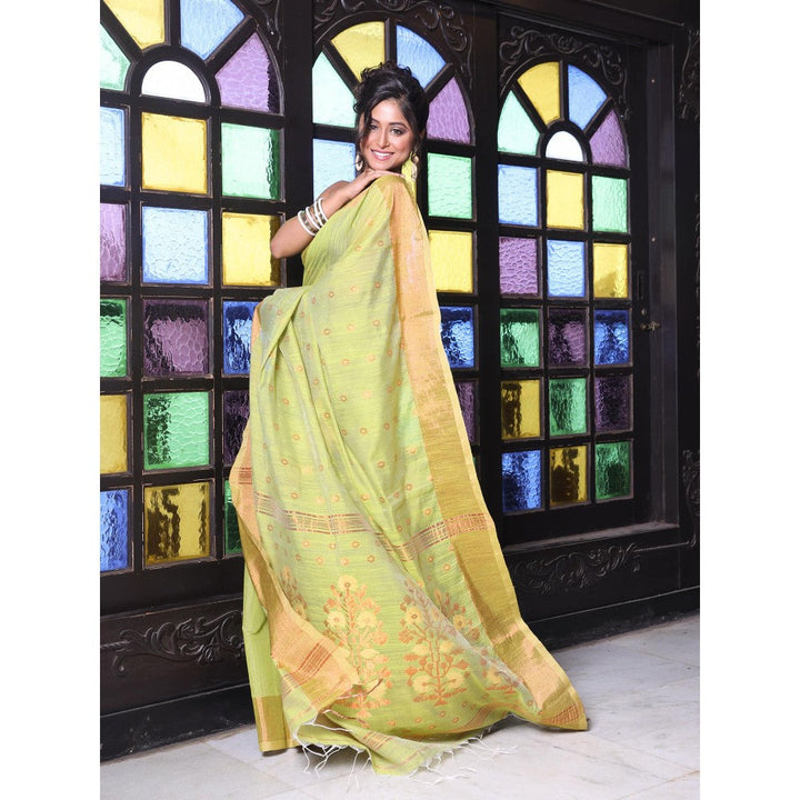 CHARUKRITI Light Green Cotton Zari Border Saree with Unstitched Blouse