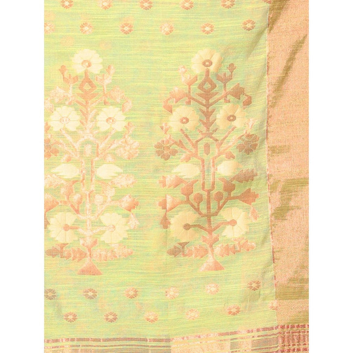 CHARUKRITI Light Green Cotton Zari Border Saree with Unstitched Blouse