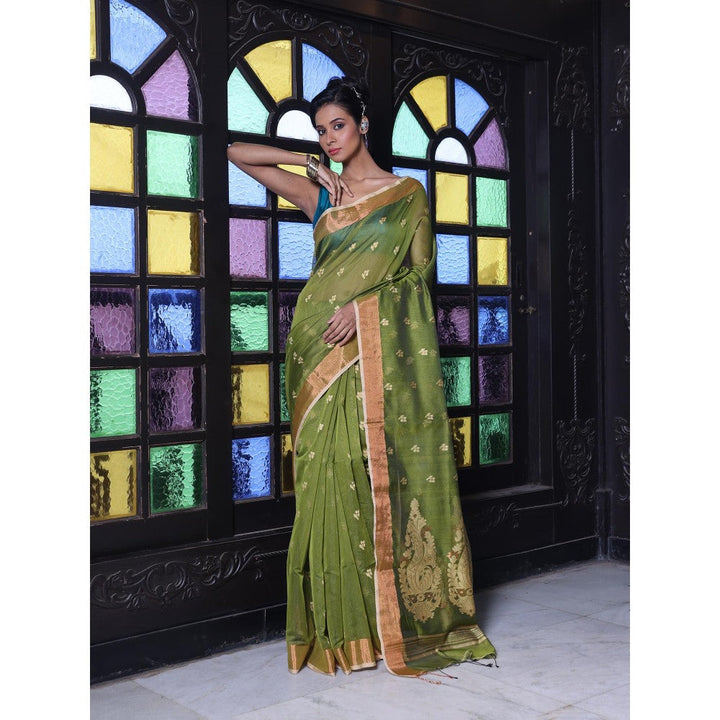 CHARUKRITI Mehendi Green Cotton Zari Border Saree with Unstitched Blouse