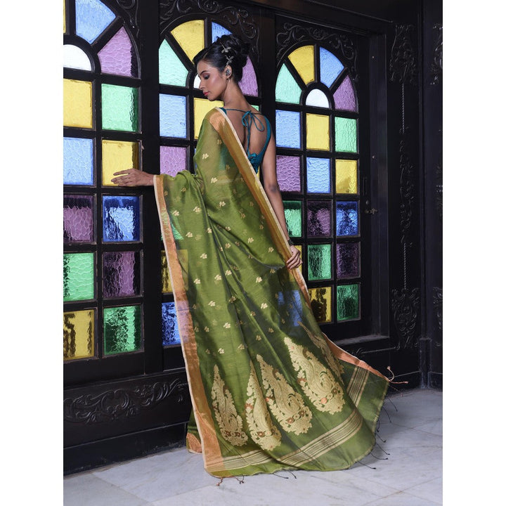 CHARUKRITI Mehendi Green Cotton Zari Border Saree with Unstitched Blouse