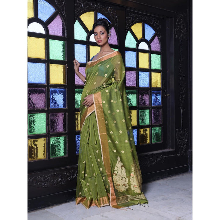 CHARUKRITI Mehendi Green Cotton Zari Border Saree with Unstitched Blouse