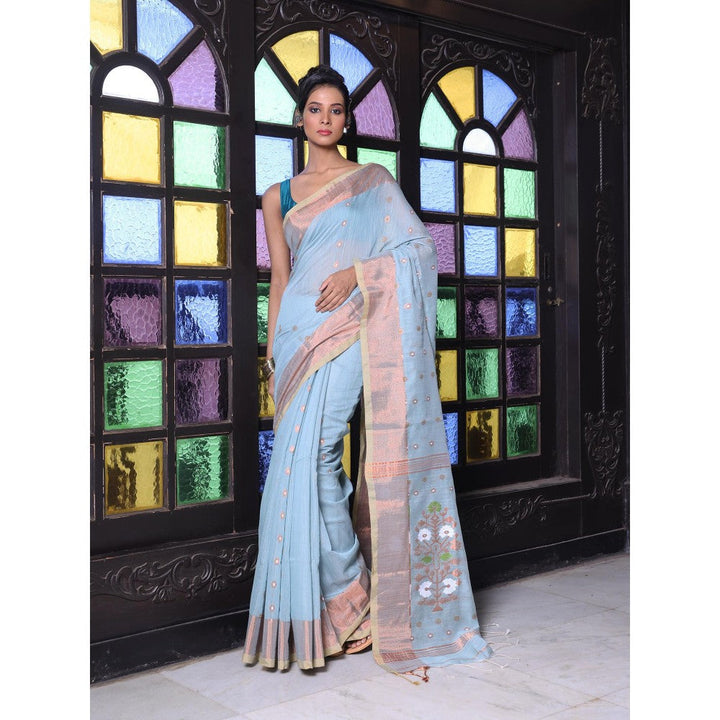 CHARUKRITI Sky Blue Cotton Zari Border Saree with Unstitched Blouse