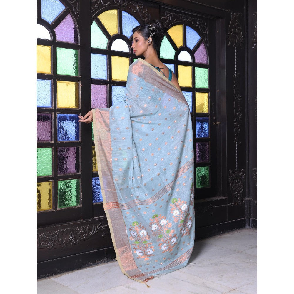 CHARUKRITI Sky Blue Cotton Zari Border Saree with Unstitched Blouse