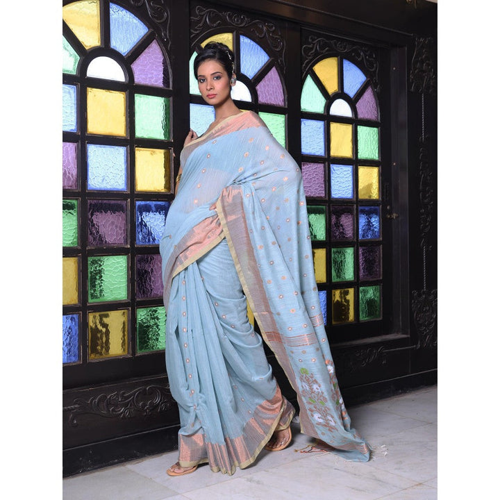 CHARUKRITI Sky Blue Cotton Zari Border Saree with Unstitched Blouse