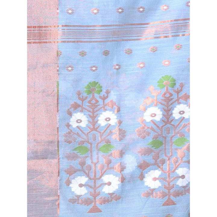 CHARUKRITI Sky Blue Cotton Zari Border Saree with Unstitched Blouse