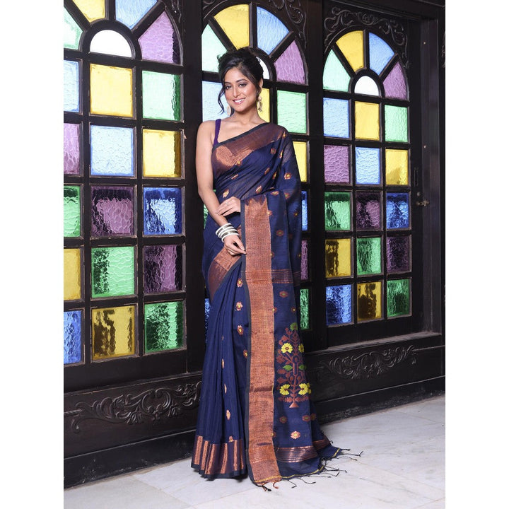 CHARUKRITI Navy Blue Cotton Zari Border Saree with Unstitched Blouse