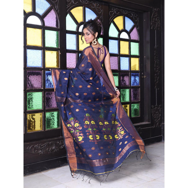 CHARUKRITI Navy Blue Cotton Zari Border Saree with Unstitched Blouse