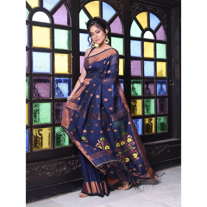 CHARUKRITI Navy Blue Cotton Zari Border Saree with Unstitched Blouse