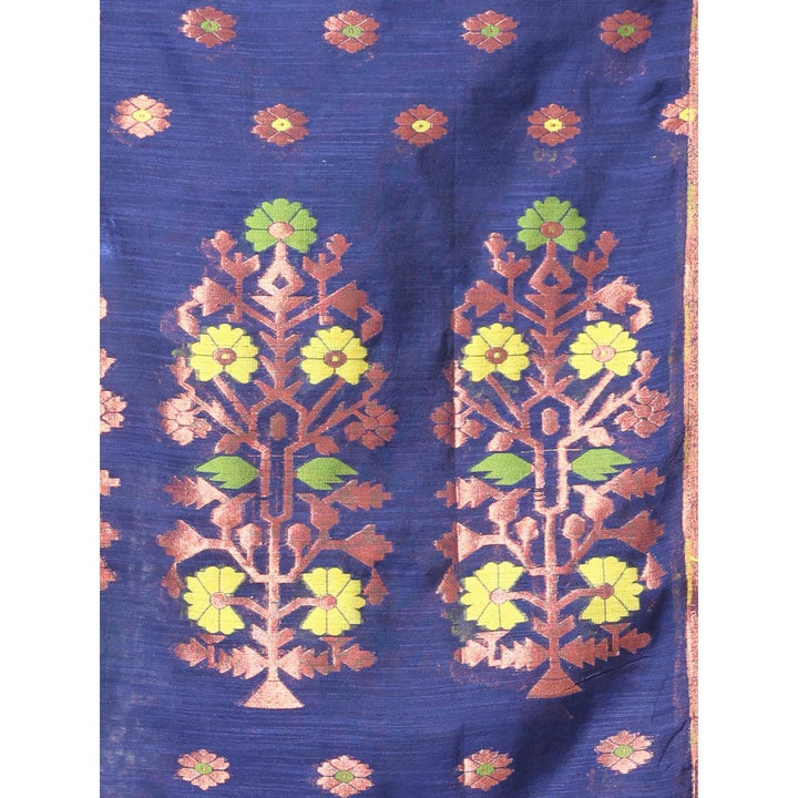 CHARUKRITI Navy Blue Cotton Zari Border Saree with Unstitched Blouse